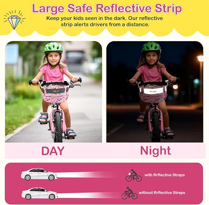 Kids Bike Basket Bag, Waterproof Bicycle Basket Pouch for Girls Boys 6-10, Children's Front Handlebar Bag with Reflective Safety Strap & Detachable Shoulder Strip, Fit Toddlers Bikes Tricycle Scooter