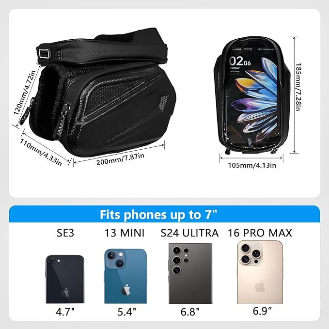 Bike Frame Bag - 2.73L Detachable Touchscreen Pouch w/EVA Hardcase & 360° Swivel, Waterproof Top Tube Bike Bag/Handlebar Mount for iPhone/Samsung up to 7" - MTB/Road/Ebike Accessories