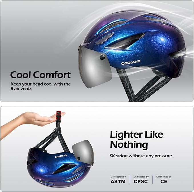 Odoland Bike Helmet with Magnetic Sun Visor for Adults, Glasses-Friendly Design Adjustable Dial Cycling Helmet for Men & Women, Urban Riding Bicycle Helmet for Mountain, Road, E-Bike, Commuting