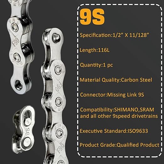 VERKSTAD 9 Speed Bike Chain, Bike Chain 1/2" x 11/128" 116 Links for Road Bike Mountain Bike Racing Cycling