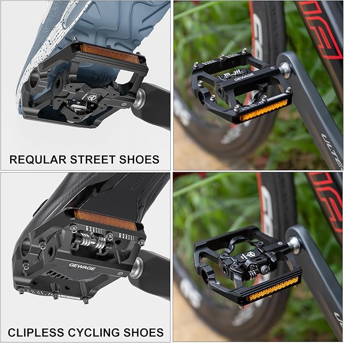 Mountain Bike Pedals with Reflector- Dual Function Plat & Clipless Pedals, Bicycle Pedal 9/16”Compatible with SPD - 3 Sealed Bearings Bicycle Platform Mountain Pedals