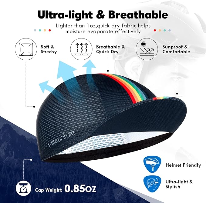 Hikenture Cycling Cap,Cooling Skull Cap Bike Hat with Sun Visor, Summer Breathable Helmet Liner Biking Cap for Men Women