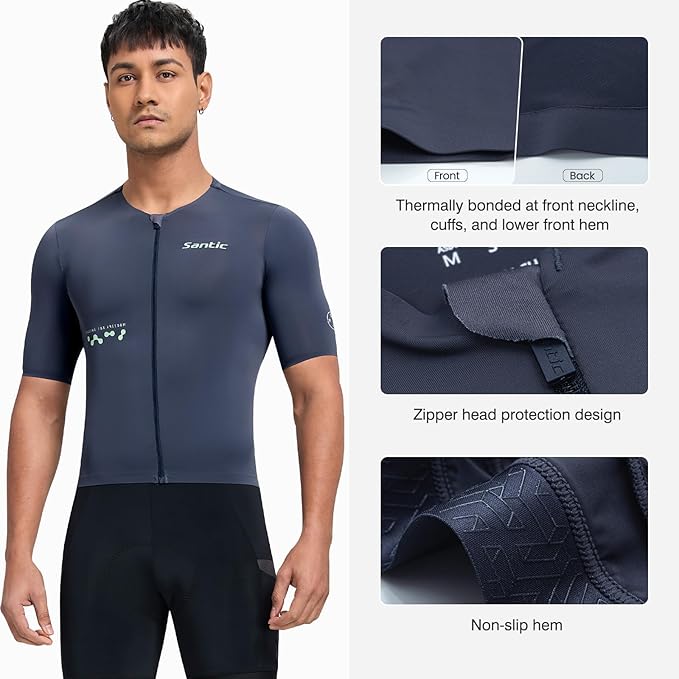 Santic Men's Cycling Jersey Short Sleeve Tops Bicycle Bike Shirt Full Zipper UPF 50+ Bicycle Jersey with Pockets