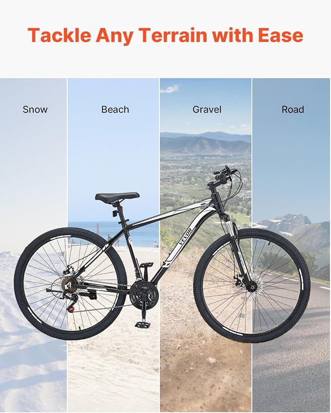 VEVOR Mountain Bike for Men/Women, 20"/26"/29" Sizes, 7/21/24 Speed Twist Shifting, Front or Dual Suspension, Dual Disc Brakes, Comfort Saddle, Sleek Colors
