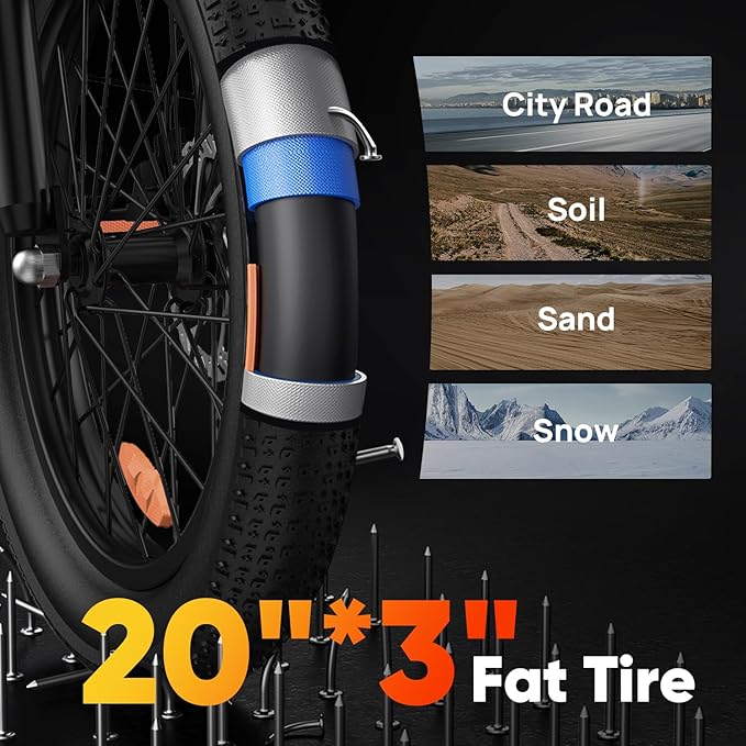 URLIFE 20"*3.0 Fat Tire Electric Bike for Adults, 28MPH 48V, 80-Mile, 7-Speed & Suspension, Adjustable Seat for Adults and Teens, UL 2849