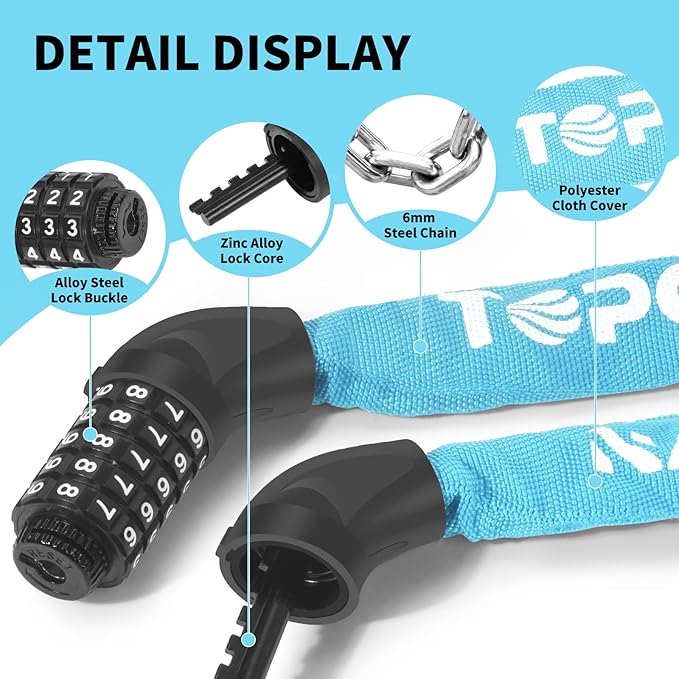Bike Chain Lock 3.2Ft Long High Security Heavy Duty Anti Theft, 5 Digit Combination Resettable Keyless Bicycle Lock for Bike/Electric Scooter/Ebike/Motorcycle(Sky Blue)