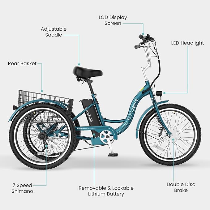 Electric Tricycle for Adults Seniors, 24/26 Inch 3 Wheel E-Trike, 350W Motor (700W Peak), Removable 36V Battery, Up to 15.5MPH, 25-60Mile Range, Low Step-Through, Rear Basket, 350lbs Capacity, 7 Speed
