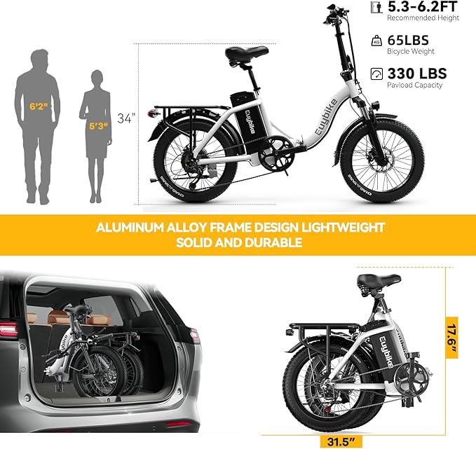 EUYBIKE Folding Electric Bike for Adults, 48V 20AH Battery up to 30MPH 80 Miles, 20" Fat Tire All Terrain 1000W Peak Motor Ebike, Front Suspension City Commuter Step-Thru E Bike White, UL Certified