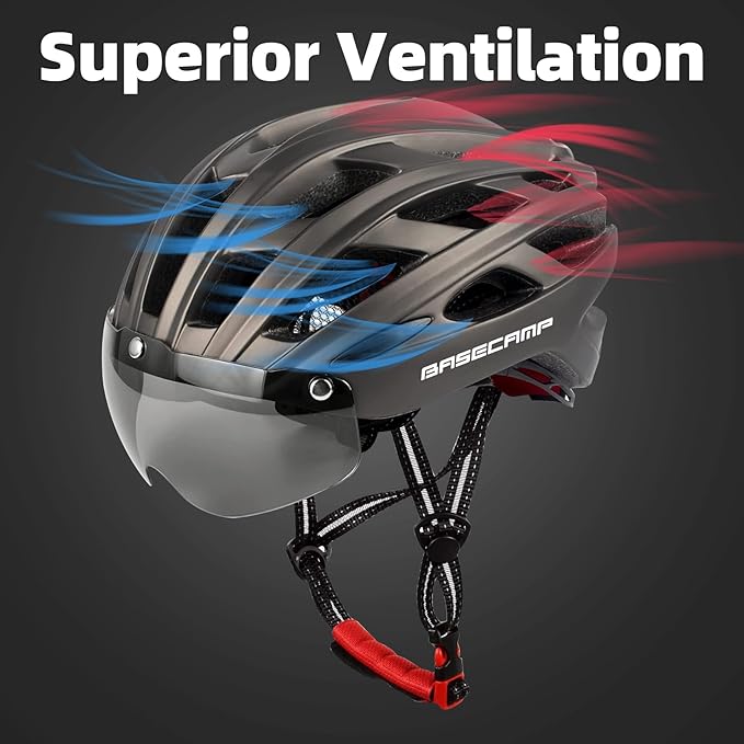 Bike Helmet, Basecamp Bicycle Helmet with Rear Light & Detachable Magnetic Goggles Lightweight Cycling Helmet Adjustable for Adult Men Women Mountain & Road (BC-069)