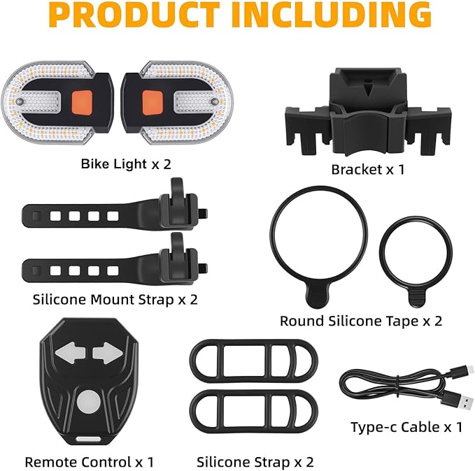 2Pcs Bike Tail Lights with Turn Signals, Wireless Remote Control USB Charging Bike Rear Light, Waterproof Split/Integrated Bicycle Lights, 5 Modes Safety Warning Turn Signals Light for Night Riding