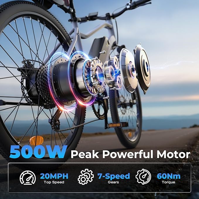 Electric Bike - 750W Peak Motor Electric Bicycle, 20MPH, 60 Miles, Removable Battery, Shock Absorber, 5 Speed E Bike, 26” Tire Commuter Electric Bicycle for Adults
