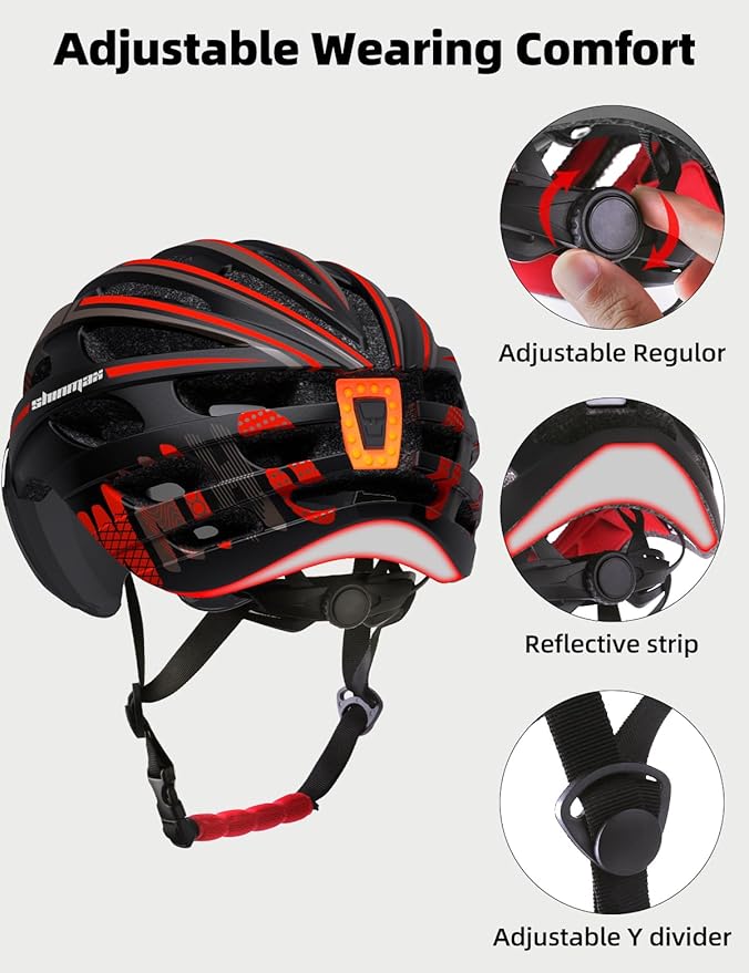Shinmax Bike Helmet with USB Rechargeable Light & Detachable Magnetic Goggles UV Protective, Bicycle Helmet Men Women Mountain Road Adjustable Adult Cycling Helmet (WT-049)