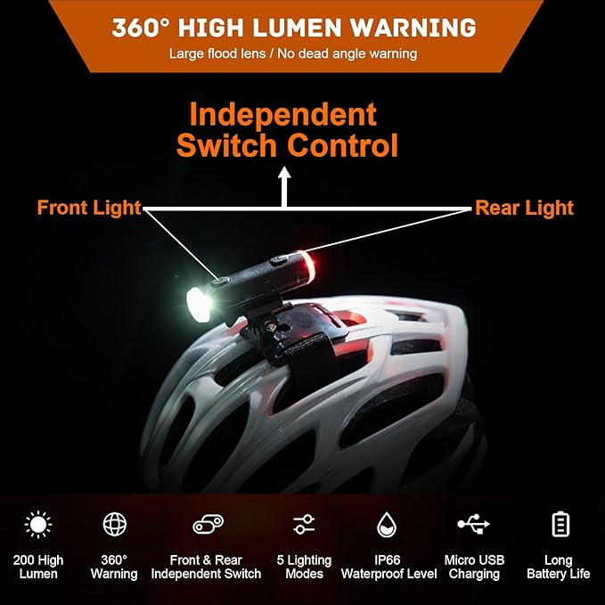 2in 1 Rechargeable Helmet Light with Bracket Mount Night Bike Light Riding Safety 5 Warning Light Modes IP66 Waterproof Bicycle Light, 360° Rotatable Front Rear Lights, Mountain Bike Headlight
