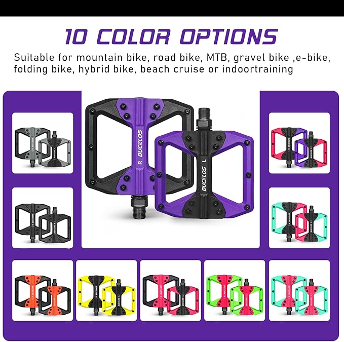 BUCKLOS MTB Flat Pedals Mountain Bike Pedals, 3 Bearings CNC Adult Road Bike Pedals, Bicycle Platform Aluminum Alloy Non-Slip Pedal for Gravel Bike/BMX 9/16"(Black)