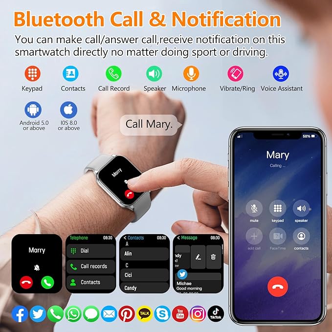 Smart Watch for Women Men with Text and Call, 2026 New AI Smartwatches with Heart Rate/SpO2/Sleep/Stress Monitor, 100+ Sports Modes, GPS Fitness Watches Compatible with iOS/Android (Silver, 1.96”)