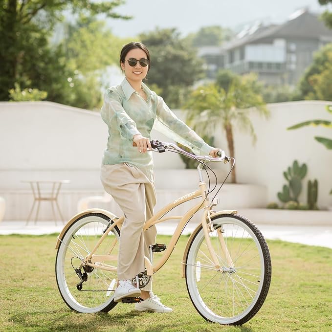 ACEGER 24 26 Inch Women Beach Cruiser Bike, Single Speed and 7 Speed, Adult Hybrid Bike Commuter Bicycle, Hi-Ten Steel Frame with Adjustable Handlebar and Saddle, Multiple Colors