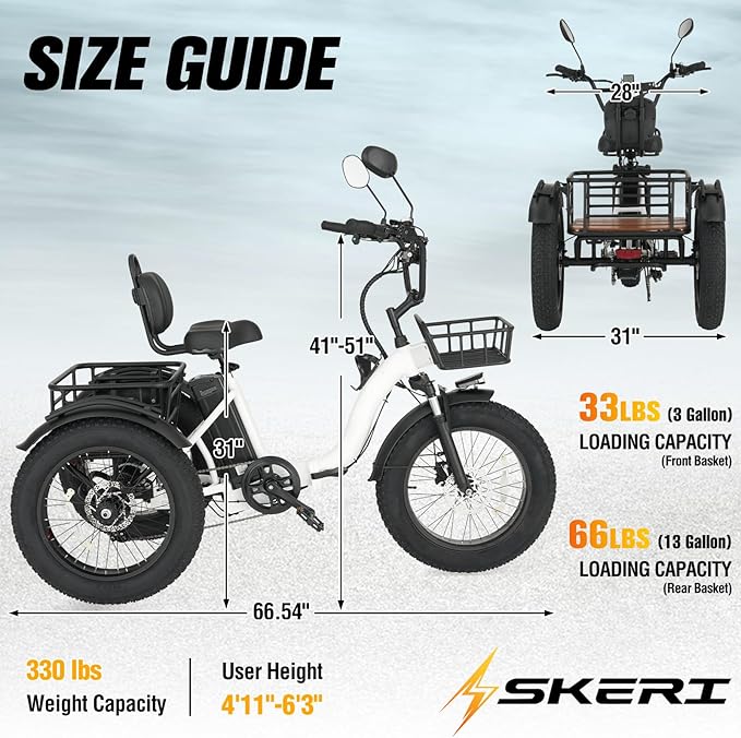 Skeri Electric Tricycle for Adults, 750W(Peak 1350W) Motor Etrike, 20"x4" Folding Fat Tire Electric Trike, 48V13Ah Battery, 3-Wheel Electric Bike, 20MPH, Front & Rear Basket & Differential