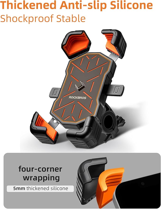 ROCKBROS Motorcycle Phone Holder Mount, Compatible with 4.5-7.1 inch Smartphones, Quick Release Handlebar Clamp, 360 Rotatable, Anti-Slip Silicone for Secure Grip