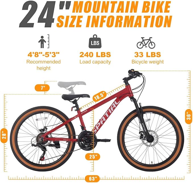 SPATIAL Mountain Bike, 20/24/26/27.5/29 inch Outdoor Cycling Bike,21/8 Speed Lightweight Aluminum Frame | Dual Disc Brakes,Adjustable Ergonomic Seat for Men Women Adult Teens