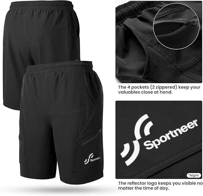 Sportneer Bike Shorts for Men: 3D Padded Lightweight Riding Biking Cycling Mountain Bike Shorts for Men with Zipper Pockets