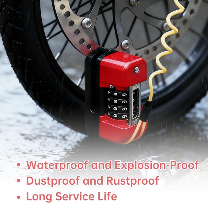 Windance Motorcycle Disc Brake Lock with Reminder Cable, Anti Theft Combination Wheel Lock,Waterproof Aluminum Alloy Keyless Password Security for Motorcycle Scooter Dirt Pit Bike E-Bike (Red)