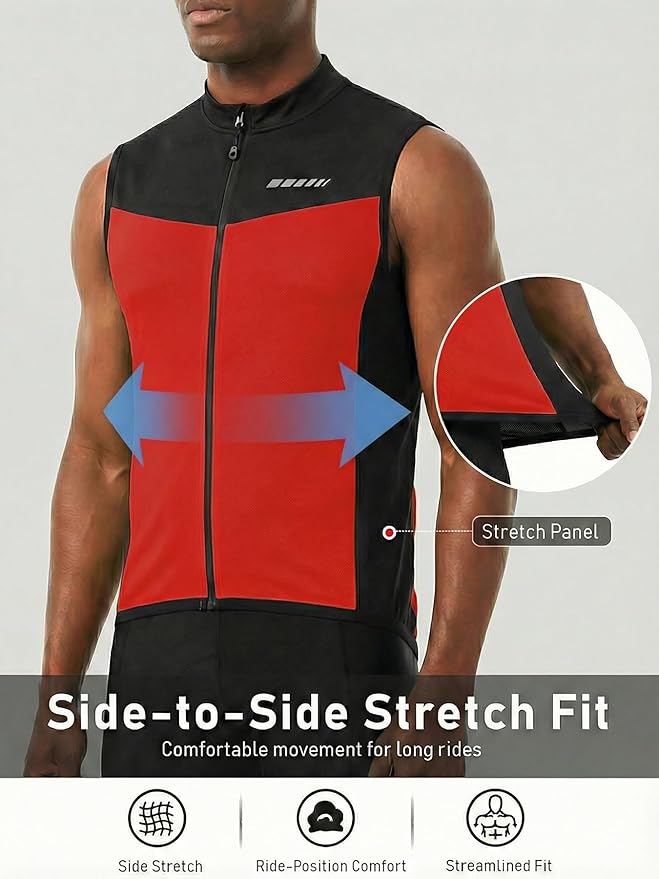 qualidyne Men's Sleeveless Cycling Jersey, Full Zip, Quick-Dry Moisture-Wicking Knit, 3 Rear Pockets, Reflective Details