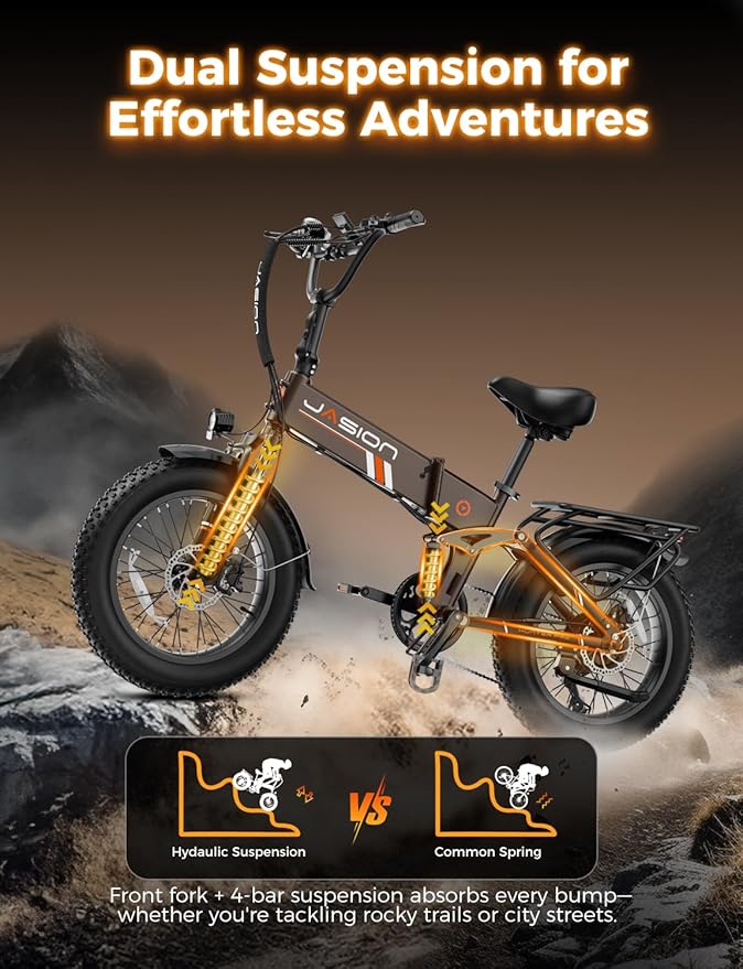 Jasion X-Hunter ST/PRO Foldable Electric Bike for Adults with 20'' Fat Tire,Up to 71-80 Miles Range Ebike,1800W/1400W Peak Motor,30+MPH E Bike,Full Suspension&Dual Hydraulic Disc Brakes Bicycles