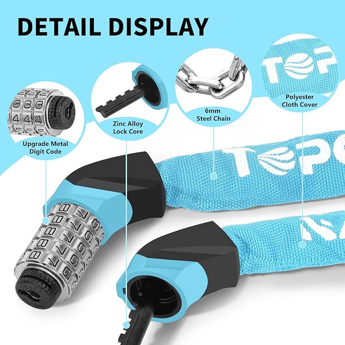 Bike Chain Lock Upgrade Metal Digital Dials 3.2Ft Long High Security Heavy Duty Anti Theft, 5 Digit Combination Keyless Bicycle Lock for Bike/Electric Scooter/Ebike/Motorcycle(Sky Blue)