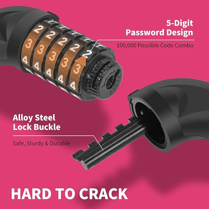 Bike Chain Lock 3.2Ft Long High Security Heavy Duty Anti Theft, 5 Digit Combination Resettable Keyless Bicycle Lock for Bike/Electric Scooter/Ebike/Motorcycle(Rose)