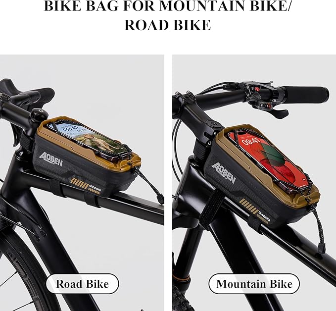 Aoben Bike Bicycle Phone Front Frame Bag for Mountain Bike Road Bike, EVA Hard Casing Bike Phone Holder Bike Phone Mount for MTB, Bike Bicycle Accessories for Cell Phone Under 6.8 Inches (Tan)