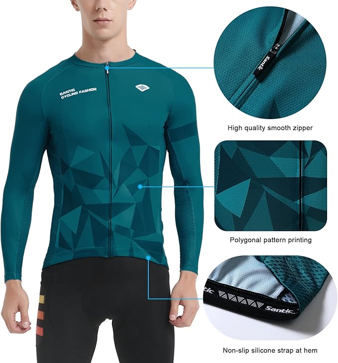 Santic Cycling Jersey Men's Long Sleeve Bike Reflective Full Zip Bicycle Shirts with Pockets
