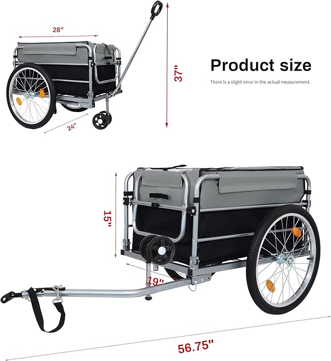 Aluminum Bicycle Trailer, Foldable Bike Cargo Trailer with Universal Hitch, Removable Oxford Fabric Cover, Bicycle Trailers Folding, for Camping, Groceries, 220 LBS Load Capacity, Black+Gery