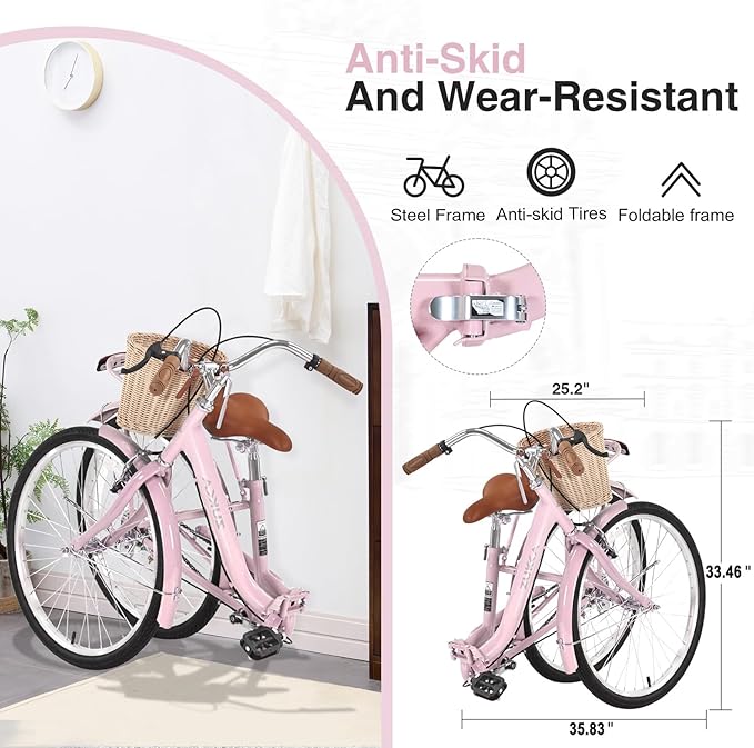 24/26 inch Female Bicycle Single Speed Folding Lady Bike, Durable Steel Frame,Compact Design for Easy Storage and Commuting Multi Color