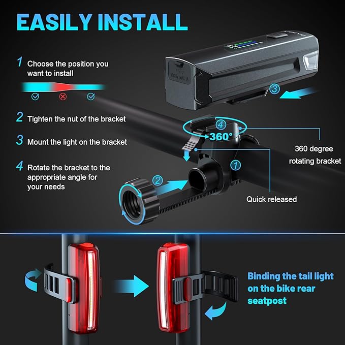 Bike Lights USB-C Rechargeable Bicycle Front Headlight and Rear Taillight with 4+5 Light Modes, Waterproof Bike Light Set for Night Riding, Commuter, Road & Mountain Cycling