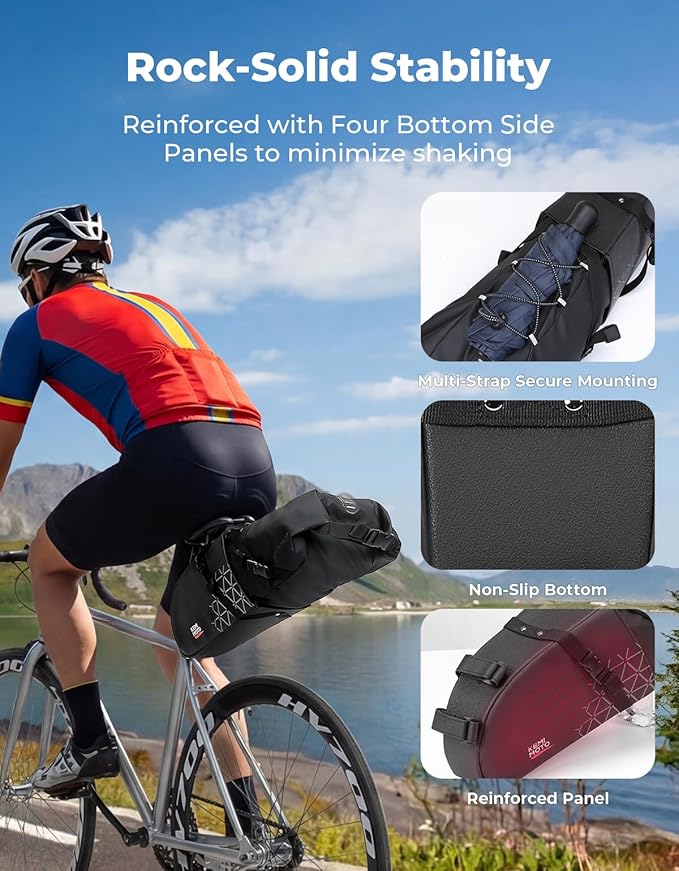 KEMIMOTO Bike Seat Bag Detachable, 11-13L Fully Waterproof Bicycle Saddle Pack with Reflective Panel, Reinforced PP Hardboard Base & Elastic Storage Bikepacking Pouch for MTB Road Bikes E-Bikes