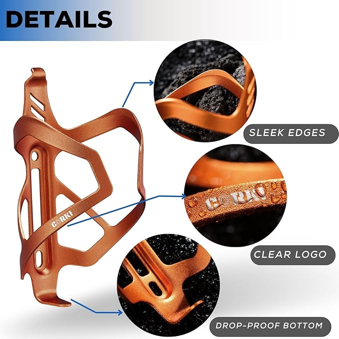 Corki Cycles Heavy Duty Bike Water Bottle Holder, Lightweight Aluminum Cage Shockproof Design for Road Mountain Gravel Bikes, Holds 18-30 oz, 1-Pack Orange