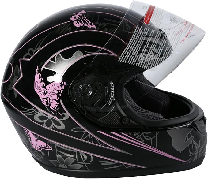 TCT-MOTORPARTS Motorcycle Motocross Flip Up Helmet Full Face DOT Helmet Pink Black Butterfly Full Face Street Sport for Women Men (Small)