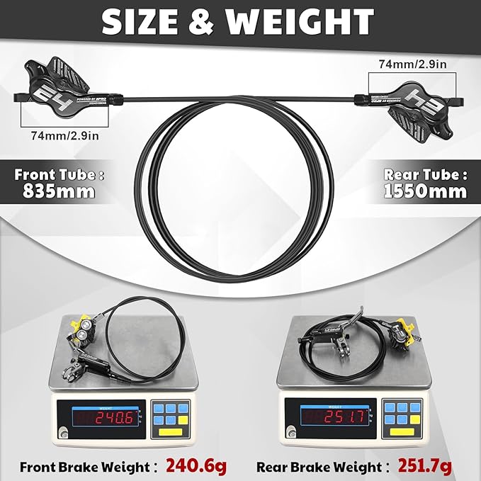 BUCKLOS IIIPRO MTB 4 Pistons Hydraulic Disc Brake Set Front 800mm and Rear 1550mm with Ceramic Brake Pad for Mountain Bike(Pre-Bled)