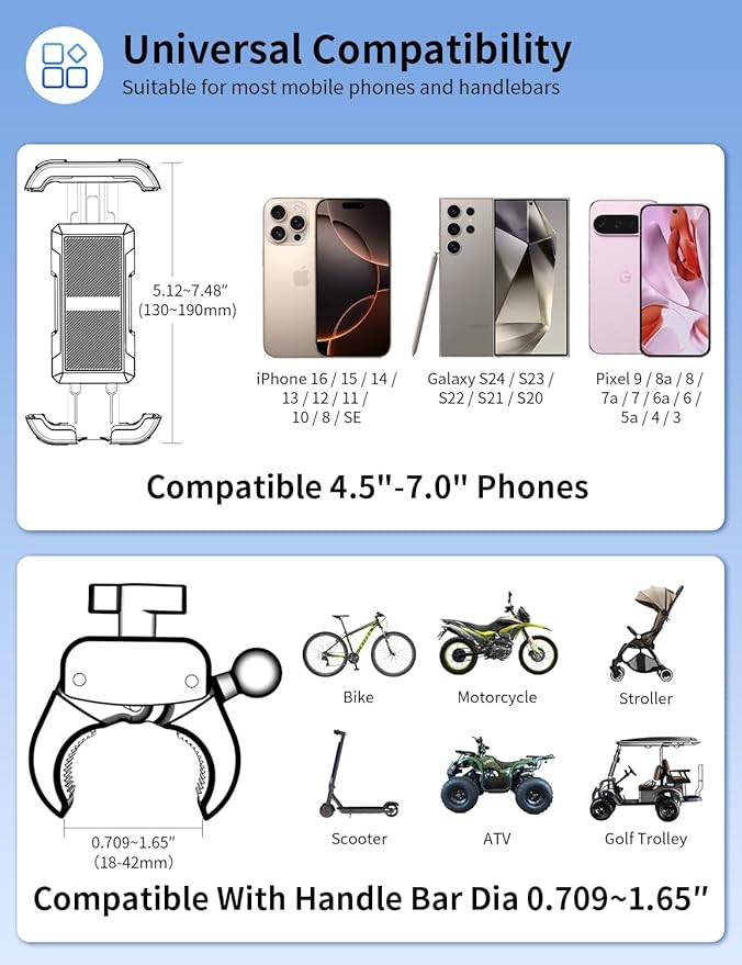 Bike Phone Holder, Motorcycle Phone Mount, [Camera Friendly] [Quick Install] [Double Locked]Clip for Scooter, 360° Rotate Cell Phone Clamp for iPhone 16 15 Pro Max/14/13, Galaxy and More 4.7-7" Phone