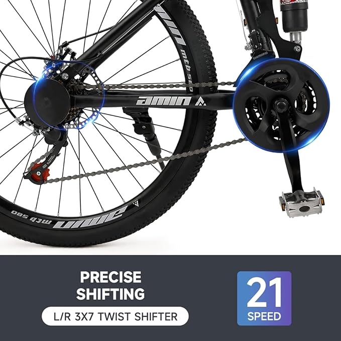 Bruce & Shark 26" Folding Mountain Bike for Men, 21 Speeds Full Suspension Commuter Bicycle, High Carbon Steel & Disc Brakes, Portable City Outdoor Bike for Adult Youth Teen