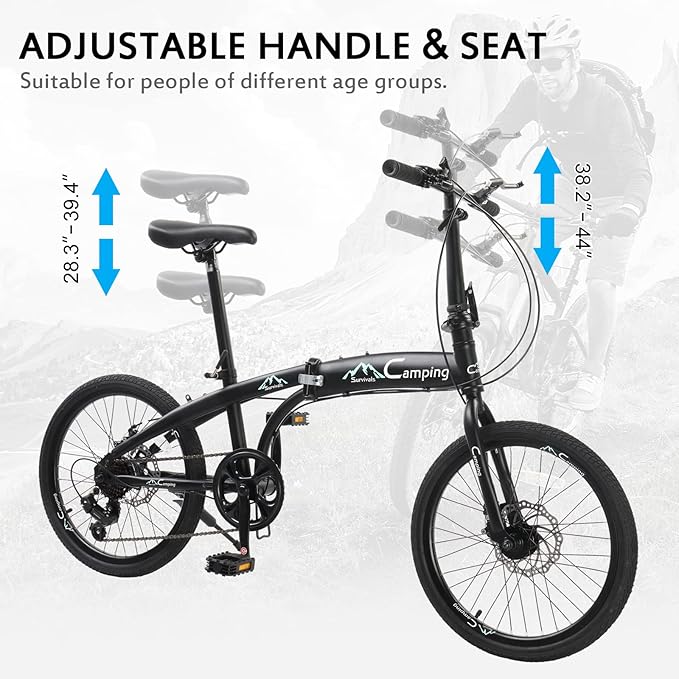 20 Inch Folding Bike, 7 Speed Foldable Bike with 100% Assembled, Dual Disc Brake, Fork Suspension, High-Carbon Steel Frame, Non-Slip tire and Adjustable Saddle (Black & Green)