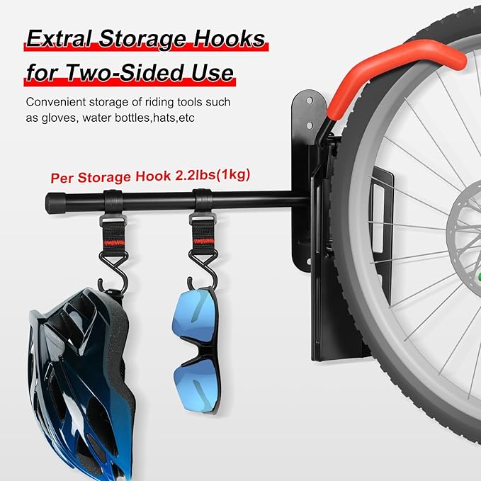 Bike Storage Rack Wall Mount,Swivel Vertical Mountain Road Bike Rack Hanger For Garage Indoor Use,Heavy Duty Metal Bicycle Storage Rack Holder Space Saving W/Extendable Storage Hook,Holds Up to 77lbs