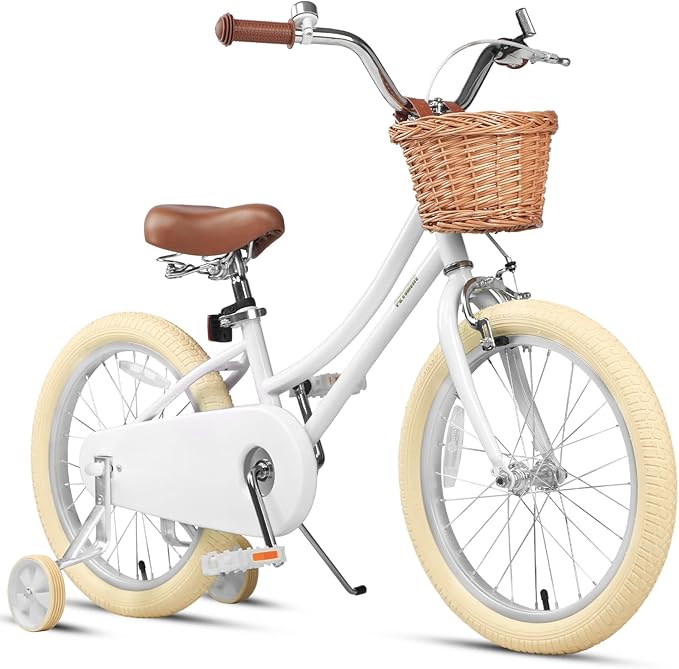 Petimini Vintage Kids Bike for Girls, 12–20 Inch Classic Bicycle with Wicker Basket & Bell, High Tensile Steel Frame, Training Wheels (12–18”), 85% Pre-Assembled, Retro Bike for Outdoor Riding
