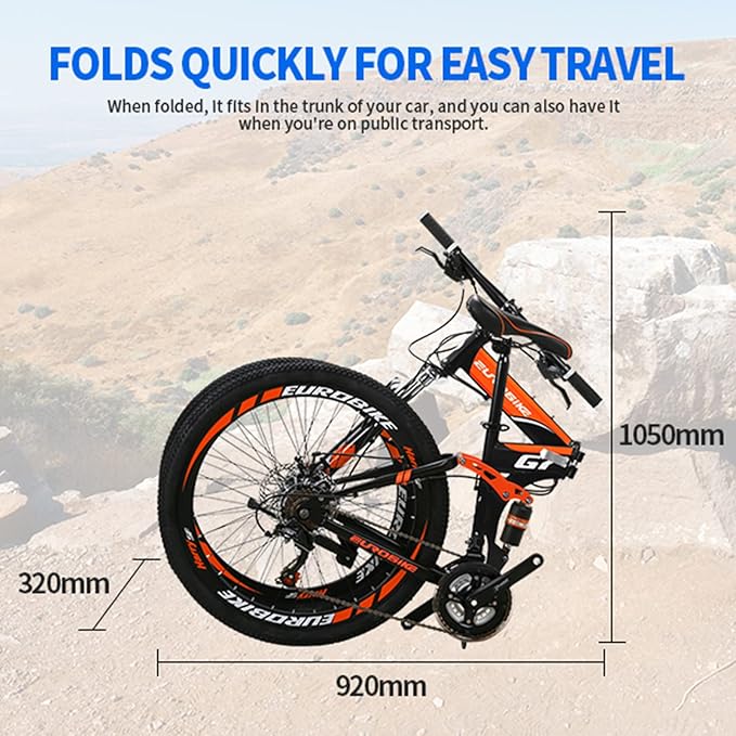 EUROBIKE Mountain Bike, 21 Speed, 26/27.5 Inches, Dual Suspension, Folding, for Men