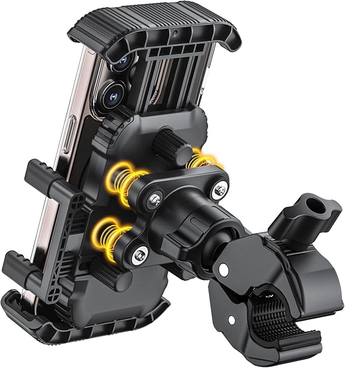 Motorcycle Phone Mount Holder - [Dual Vibration Dampener] [Upgrade Handlebar Clip] Motorcycle Cell Phone Holder, Bike Phone Mount (Black)