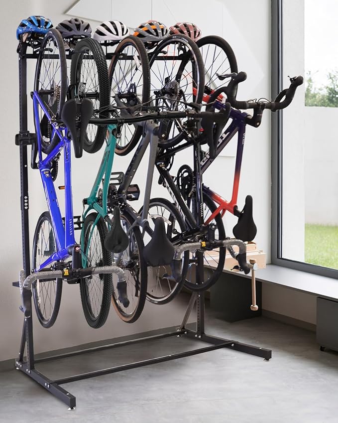Freestanding Bike Rack Storage - Vertical Bike Stand Max 5 Bikes with Helmet Holders, Heavy-Duty Solid Steel Bicycle Stand Indoor Garage Floor Stand for Home & Garage& Bike Park