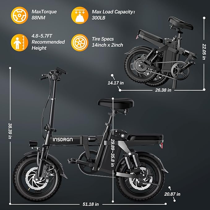 14" Folding Electric Bike for Adults, Peak 1500W Motor,20MPH Max Speed,48V 16Ah Removable Battery Electric Bike, 35/62Miles Max Range, UL 2849 Certified E Bike