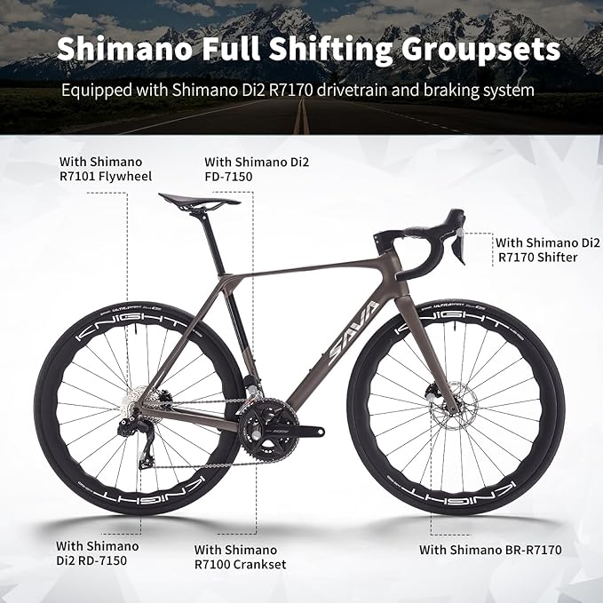 SAVADECK Carbon Road Bike, Lightweight 24-Speed Shifting Road Bicycle with Shimano 105 Di2 7170 Groupset, Carbon Frame with 700C Carbon Wheelset Disc Brake Race Bikes