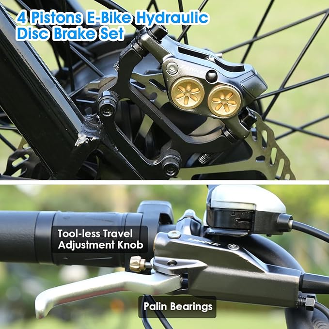 4 Pistons E-Bike Electric Power-Off Hydraulic Disc Brake Set for 2-PIN, 610NM Dry Braking Force, Aluminum Alloy Brake Lever with 180mm Rotors for Mountain Bike, Road Bike