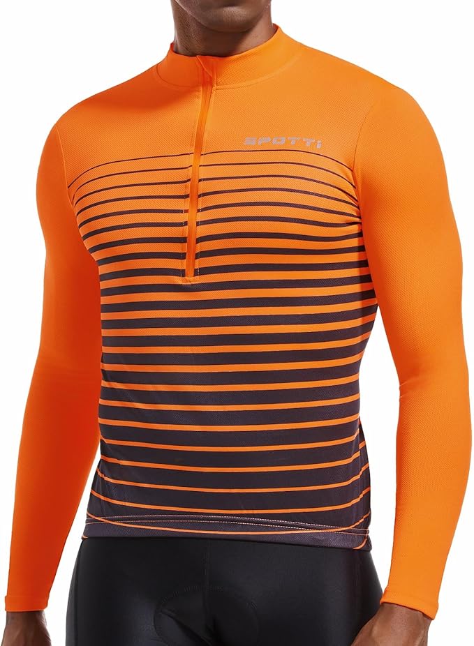 Spotti Men's Cycling Bike Jersey Long Sleeve with 3 Rear Pockets - Moisture Wicking, Breathable, Quick Dry Biking Shirt